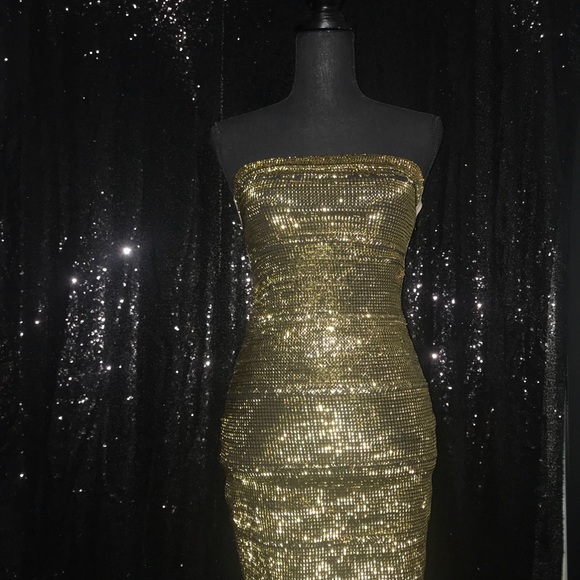 Gold shiny strapless tight dress size S - Picture 2 of 4